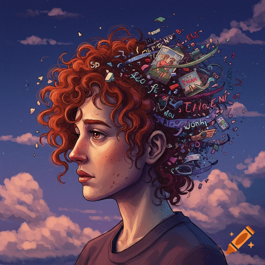 A person with curly red hair looks left as chaotic symbols, letters, and pictures spill from their head against a cloudy sky, representing overthinking.