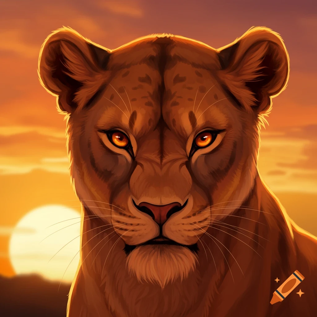 Close-up of a lioness with orange eyes against a sunset.