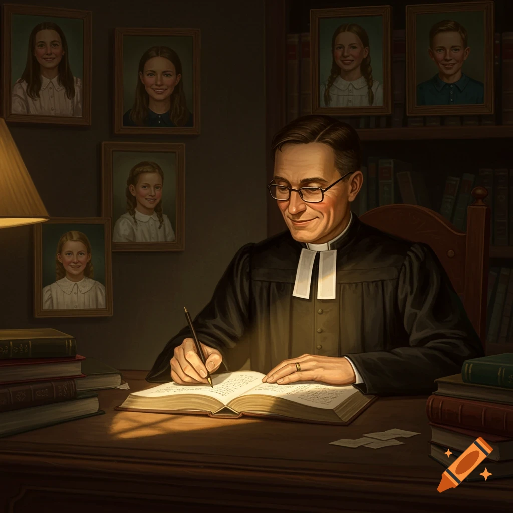 Vintage image of a Lutheran priest writing at a desk, surrounded by family portraits.