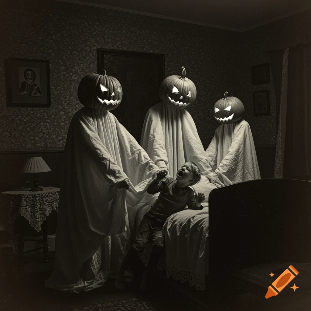 Three figures with pumpkin heads pulling a child from a bed in a vintage-style black and white photograph.