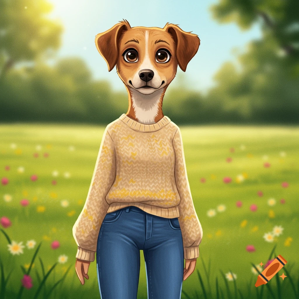 An anthropomorphic dog wearing a sweater and jeans is standing in a sunny field.