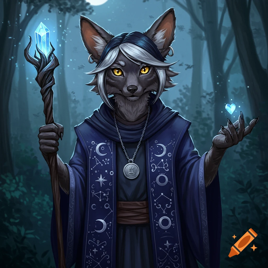 Anthropomorphic fox cleric in a forest at night holding a staff and glowing heart.