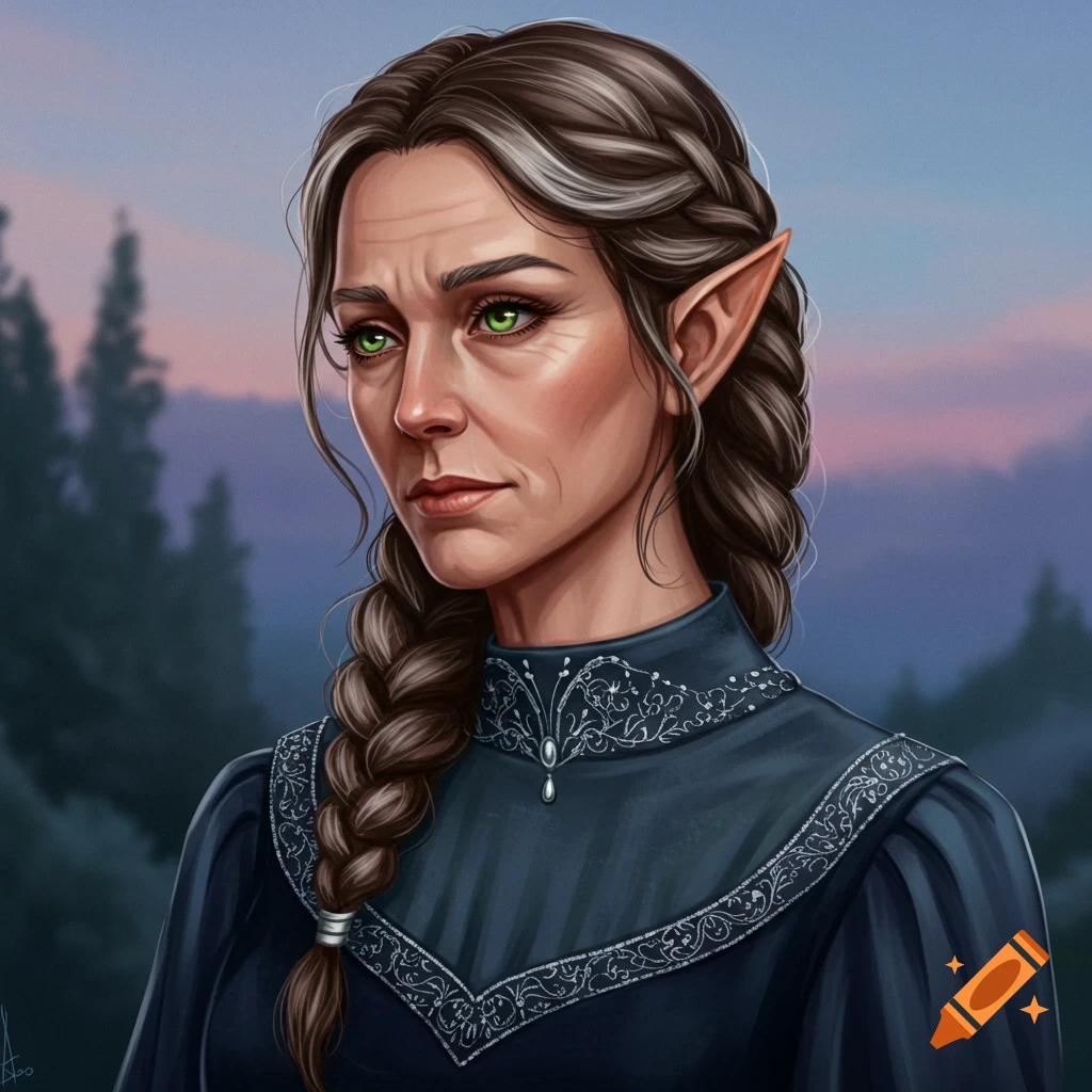 An older female half-elf with green eyes and braided hair.