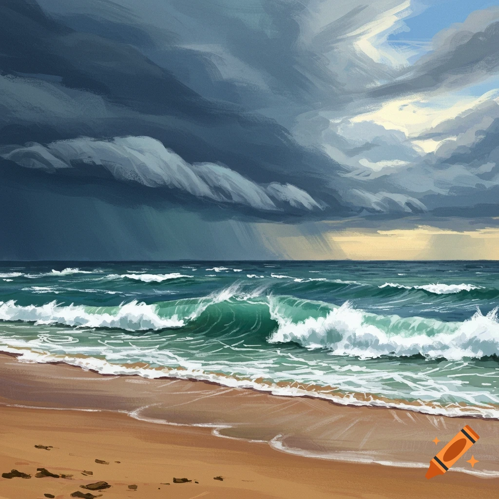 Stormy beach with rough waves and dark clouds.