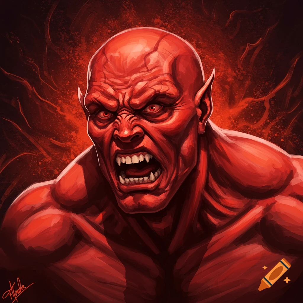 A roaring red-skinned monster with fangs.