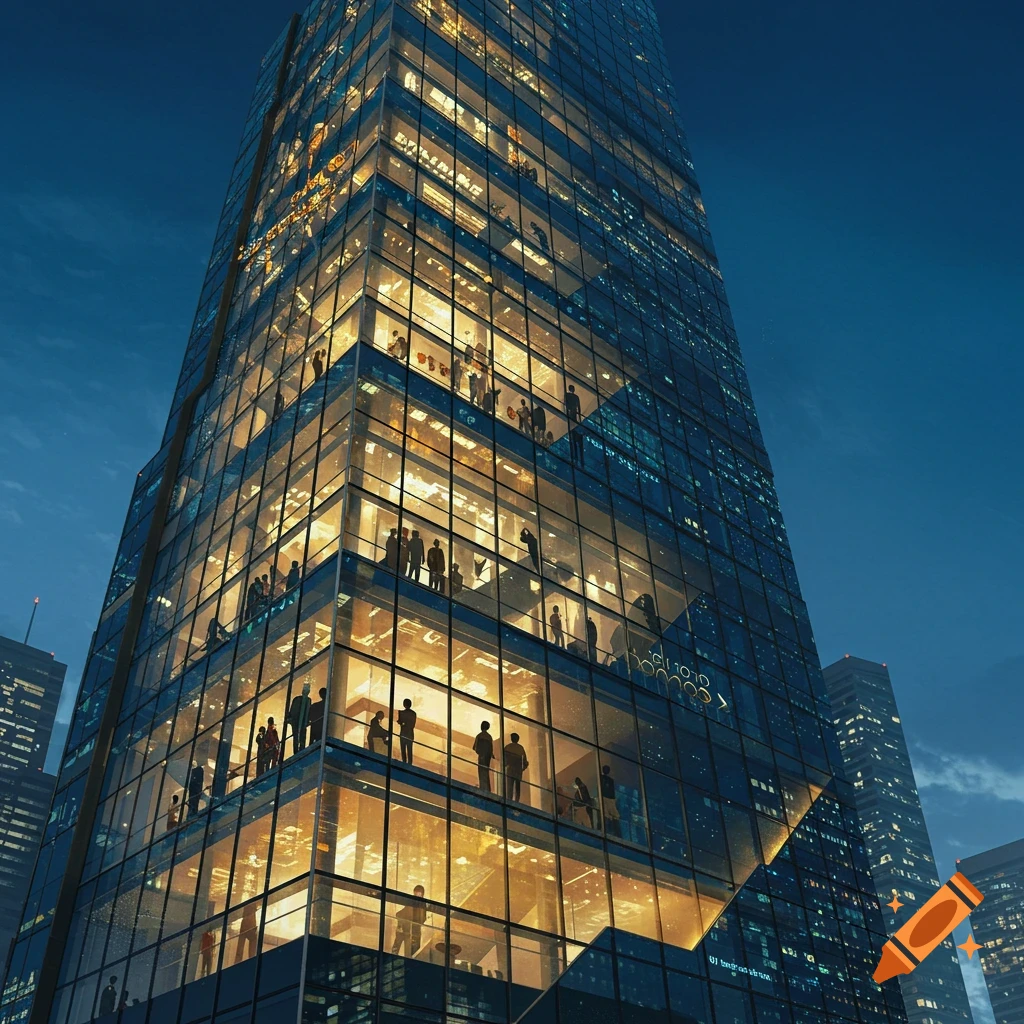 A modern glass skyscraper at night with lights on and silhouetted figures inside