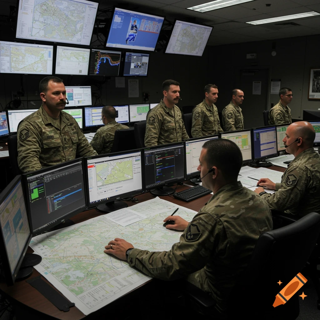Military personnel in a command post with monitors and maps. Photorealistic style.