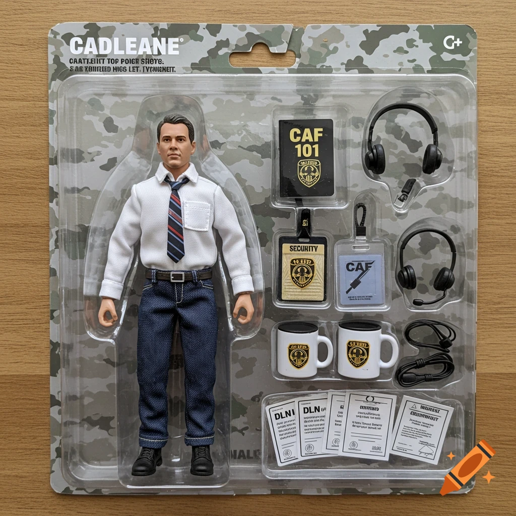 Packaged action figure wearing a white shirt and jeans, with accessories like headphones, a book, a security pass, mugs, and certificates, against a camouflage background.