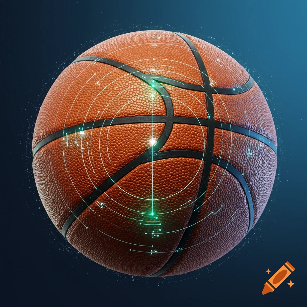 A basketball with a glowing green radar overlay against a dark background.