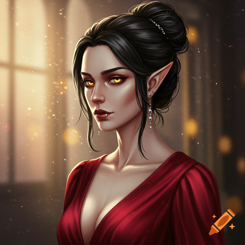 A fantasy character, a woman with pointed ears and gold eyes, in a red dress and updo.