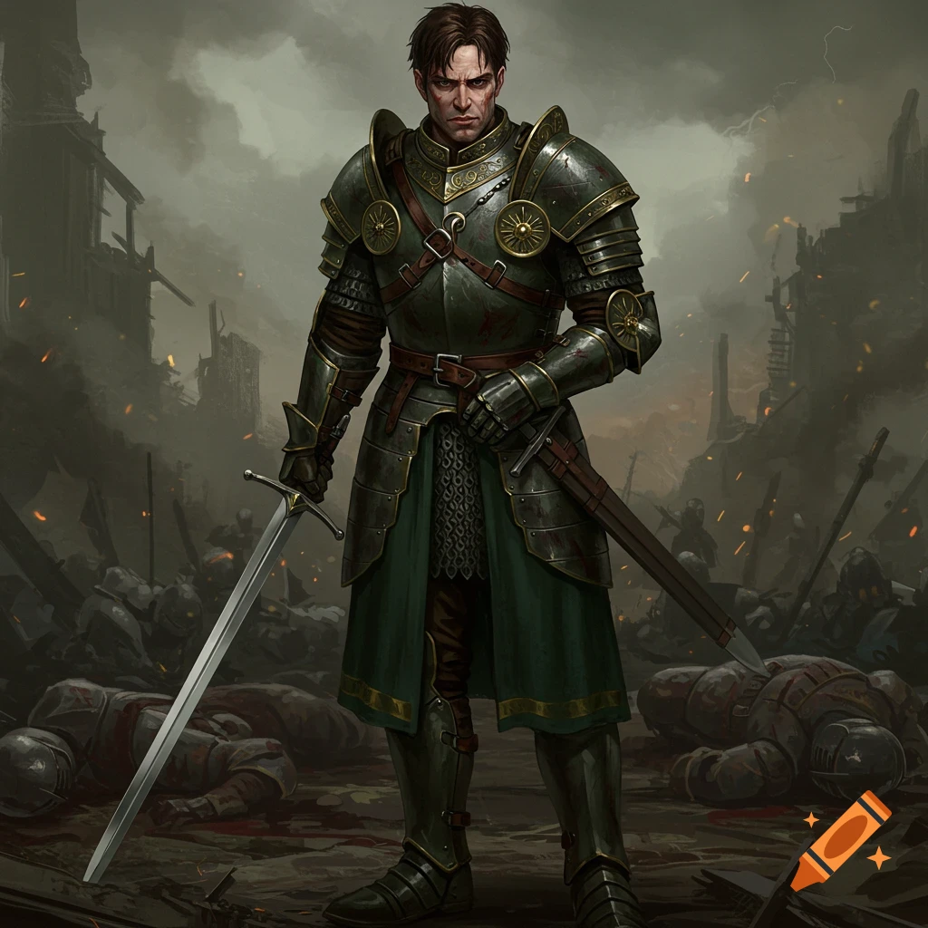 A knight in detailed armor stands in a ruined battlefield littered with fallen enemies.