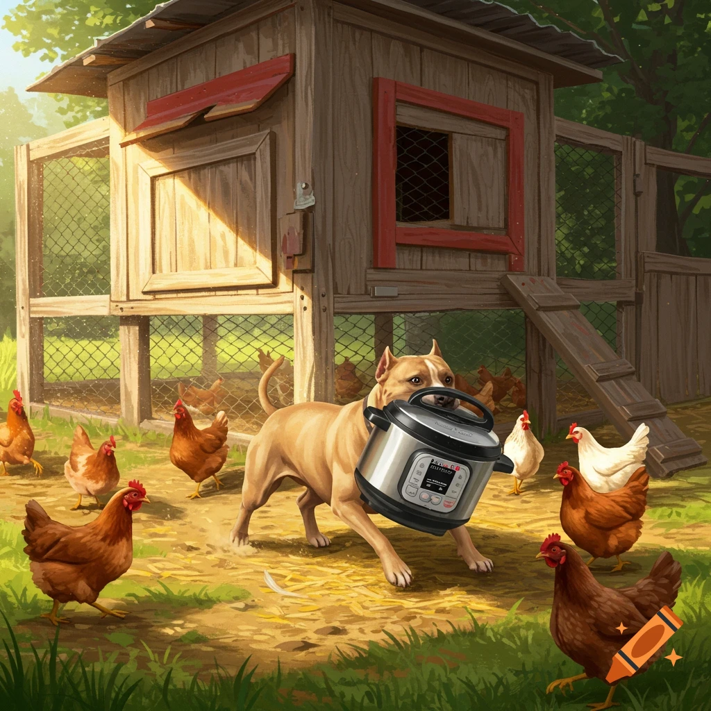 A Pit bull dog carrying an Instant Pot near a chicken coop with chickens.