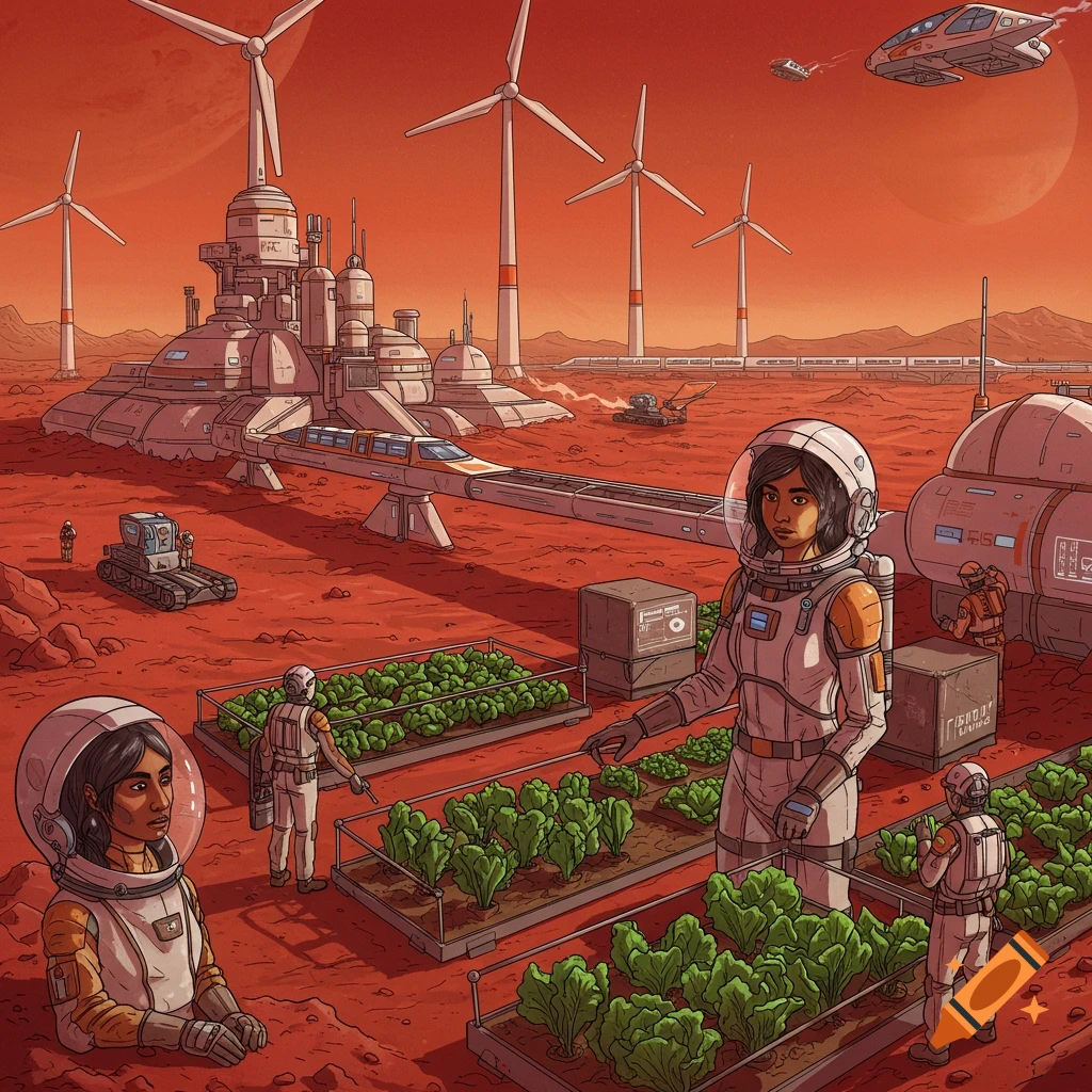 People in spacesuits farming crops on Mars, with a futuristic base, wind turbines, and vehicles in the background.