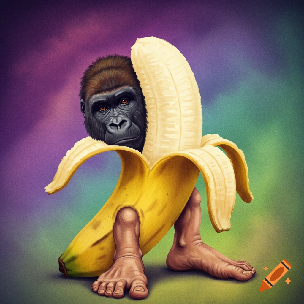 A banana with a gorilla head emerging from the top and human feet below.