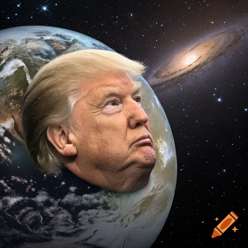 Donald Trump's head on a planet in space with a galaxy