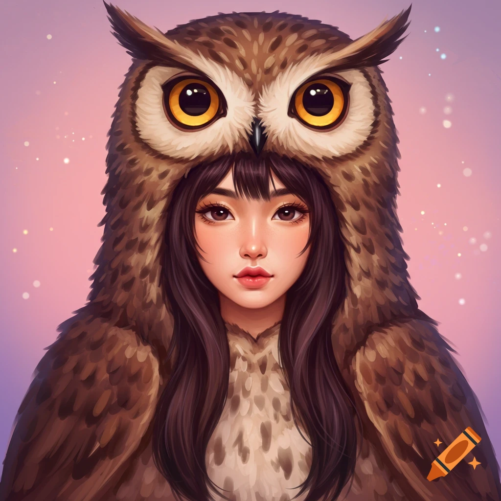 A woman wearing a brown owl costume with big eyes.