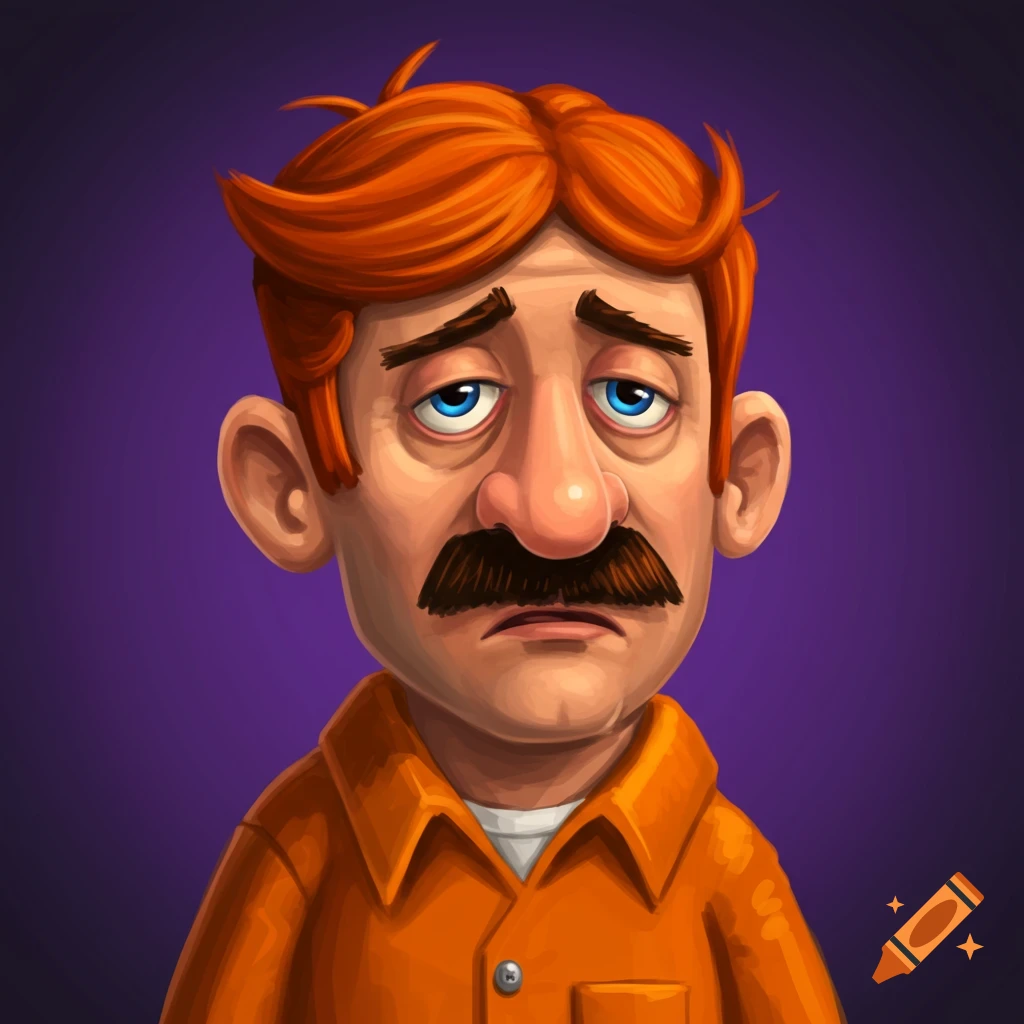 A close-up of a cartoon man with orange hair and a mustache, looking sad or tired.
