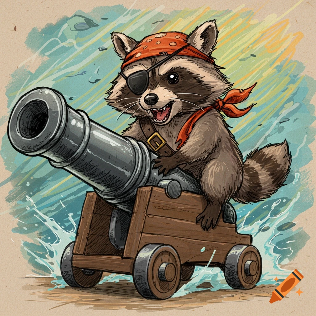 A cartoon pirate raccoon wearing an eye patch and bandana rides on top of a cannon in a scribbly illustration style.