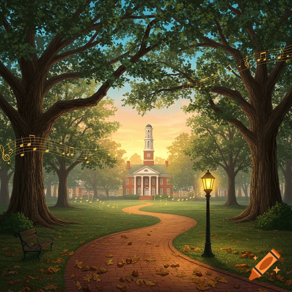 A path leads through a university campus towards a brick building at sunrise, lined with large trees. Musical notes float in the air along the path.