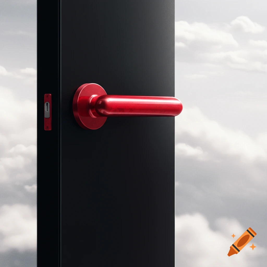 A black door with a red handle opens to a cloudy sky.