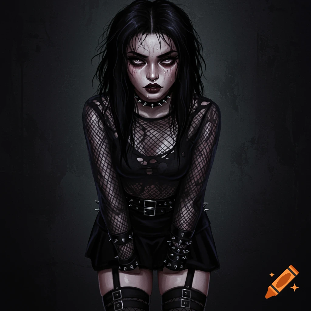 Sweaty goth girl in a mesh top and skirt.
