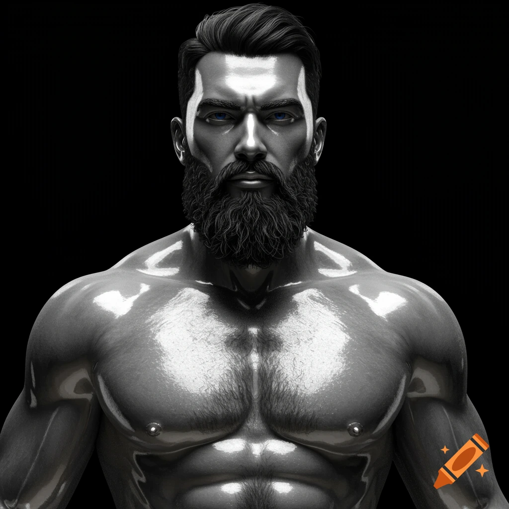 Hyperrealistic image of a muscular man with shiny silver skin and a dark beard.
