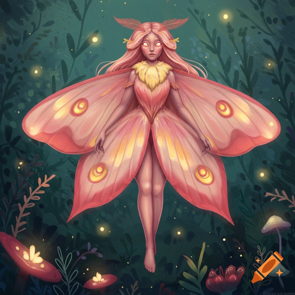A moth-like fantasy figure with large pink wings, long pink hair, and glowing eyes is depicted in a glowing forest setting.