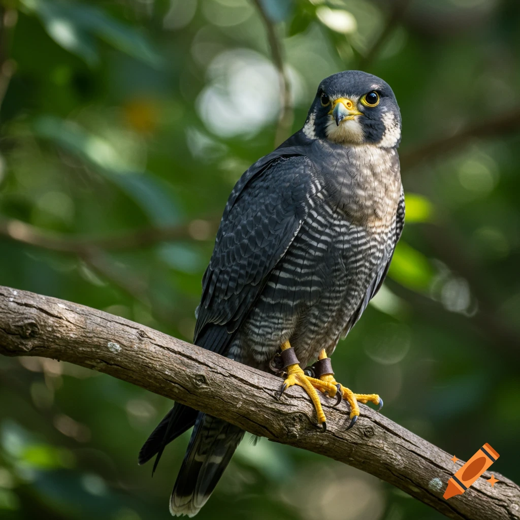 Photorealistic image of a peregrine falcon perched on a tree branch looking forward.
