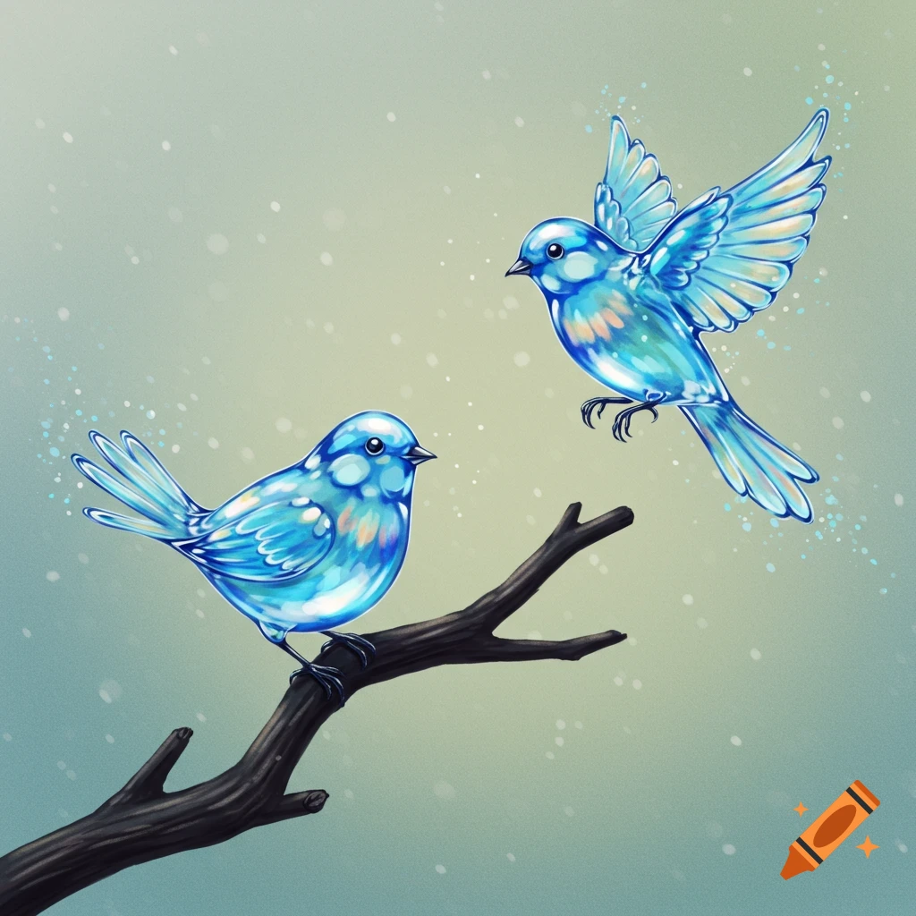 Two glowing blue glass birds sit on a branch with snowflakes.