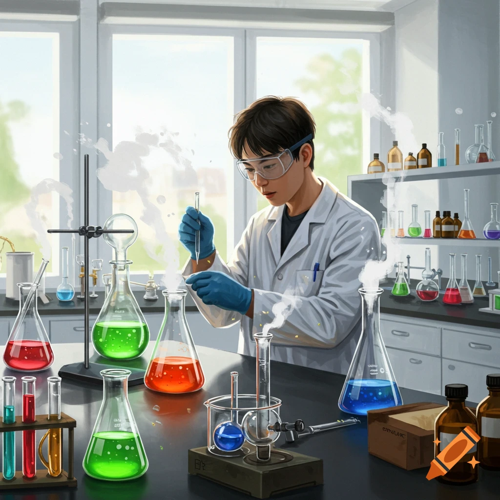 A person in a lab coat and goggles mixing chemicals in flasks in a science laboratory.