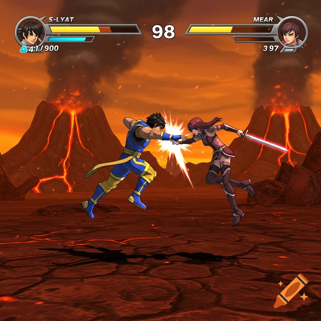 Anime style fighting game screenshot showing two characters battling in a volcanic wasteland.