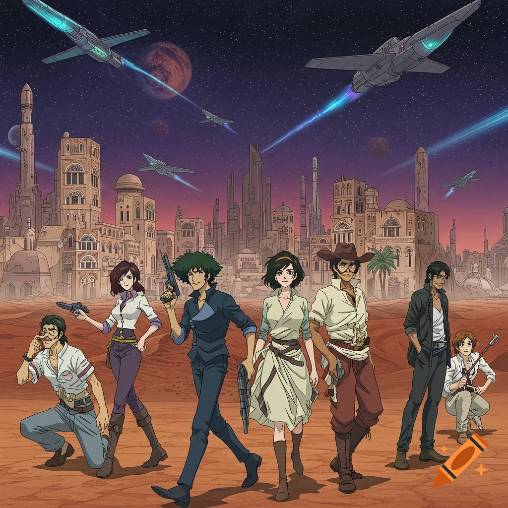 Anime characters standing in front of a futuristic desert city with spaceships overhead.