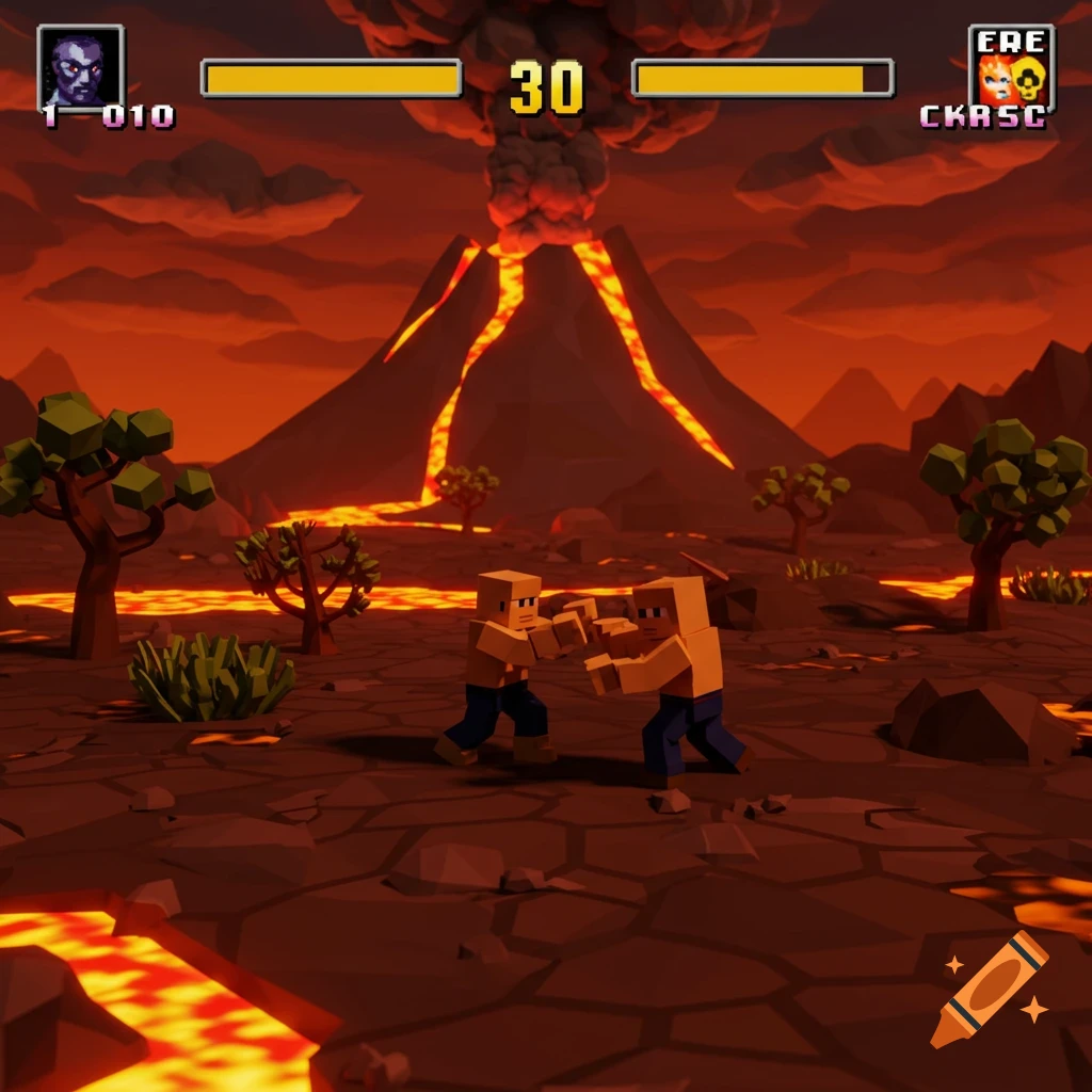 Low poly 3D fighting game screenshot in a volcanic wasteland.