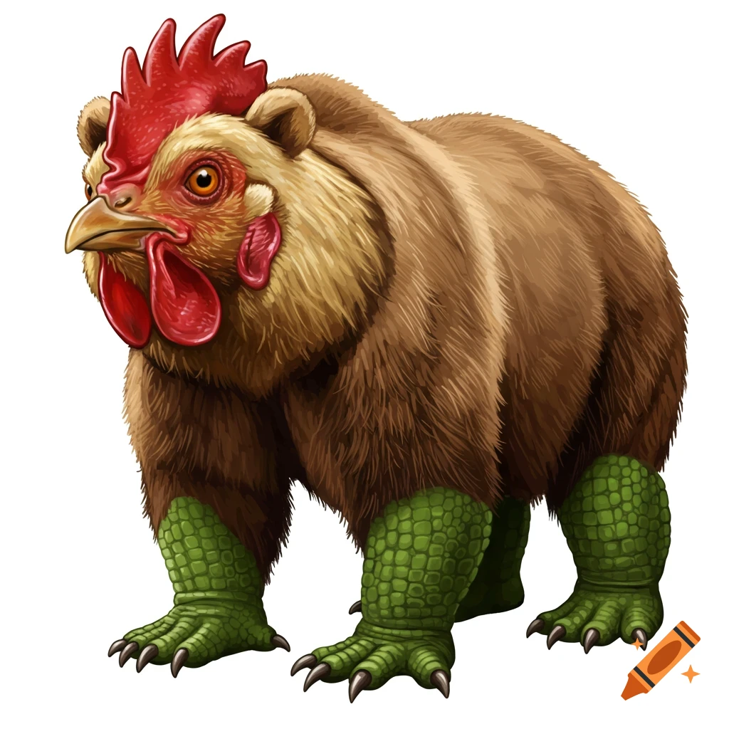 A fantasy creature with a chicken head, bear body, and alligator feet.