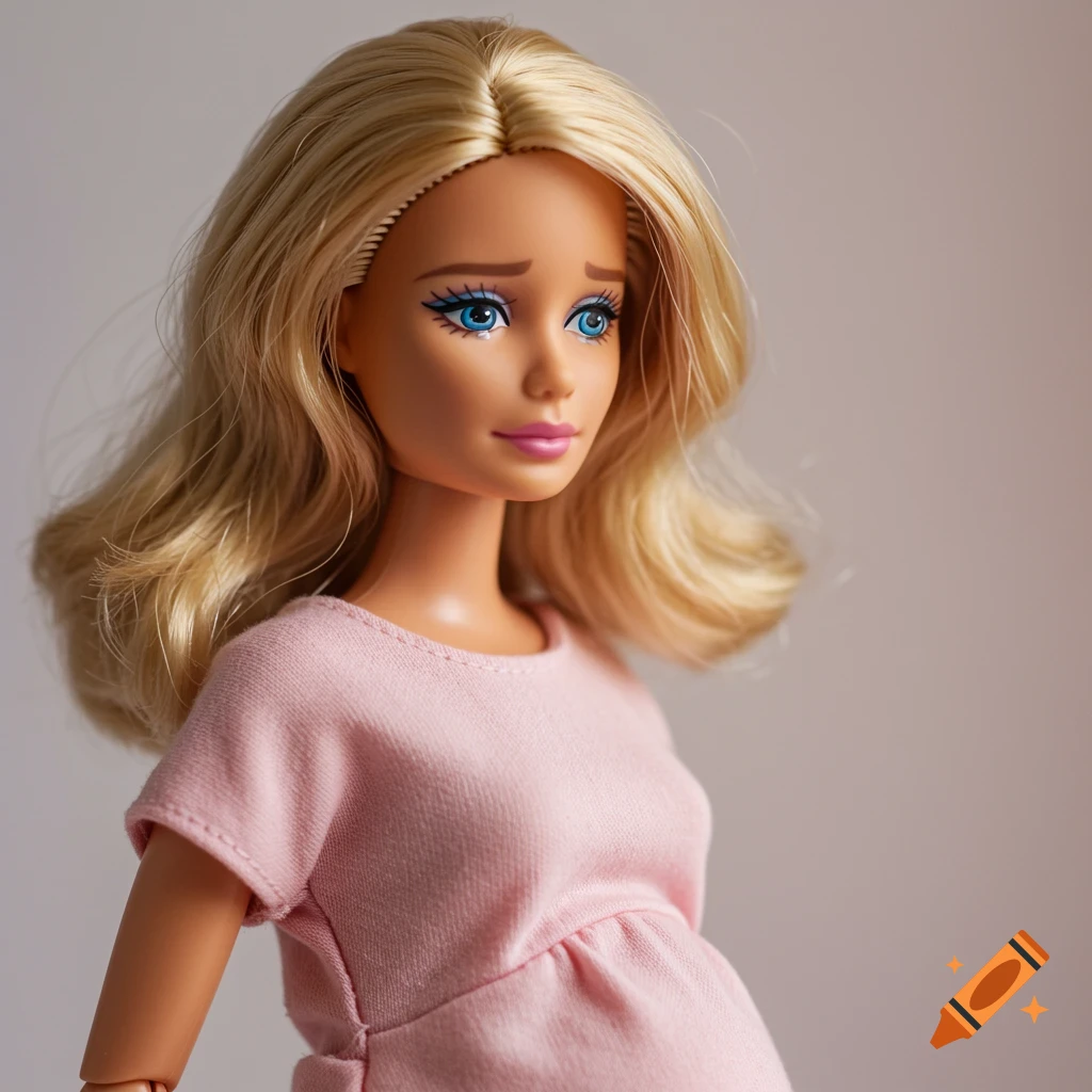 Close-up studio photo of a pregnant Barbie doll in a pink dress with a melancholic expression.