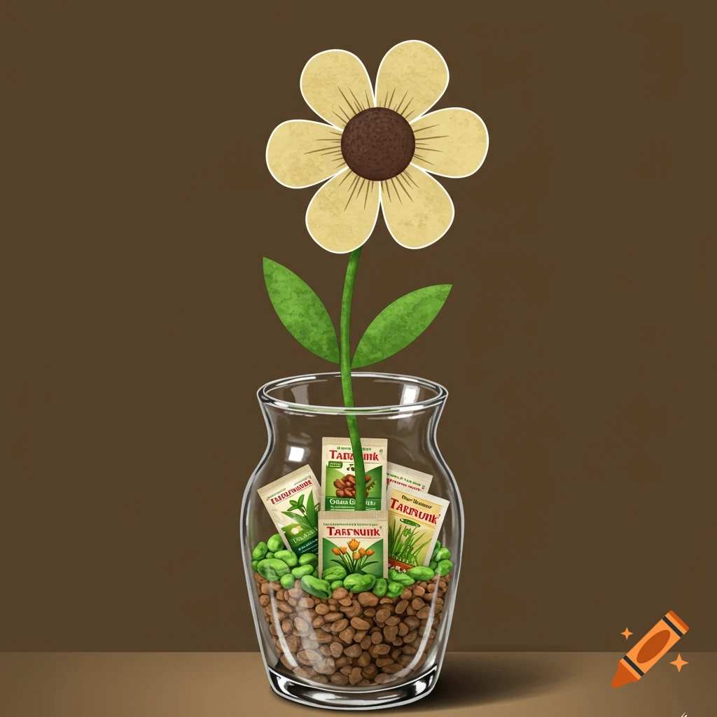 A flower grows from a vase filled with seeds and seed packets.