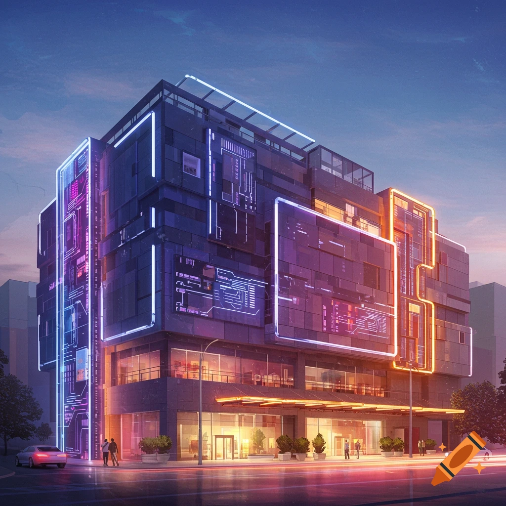 Modern building with neon tech designs glowing purple and orange at dusk, city street