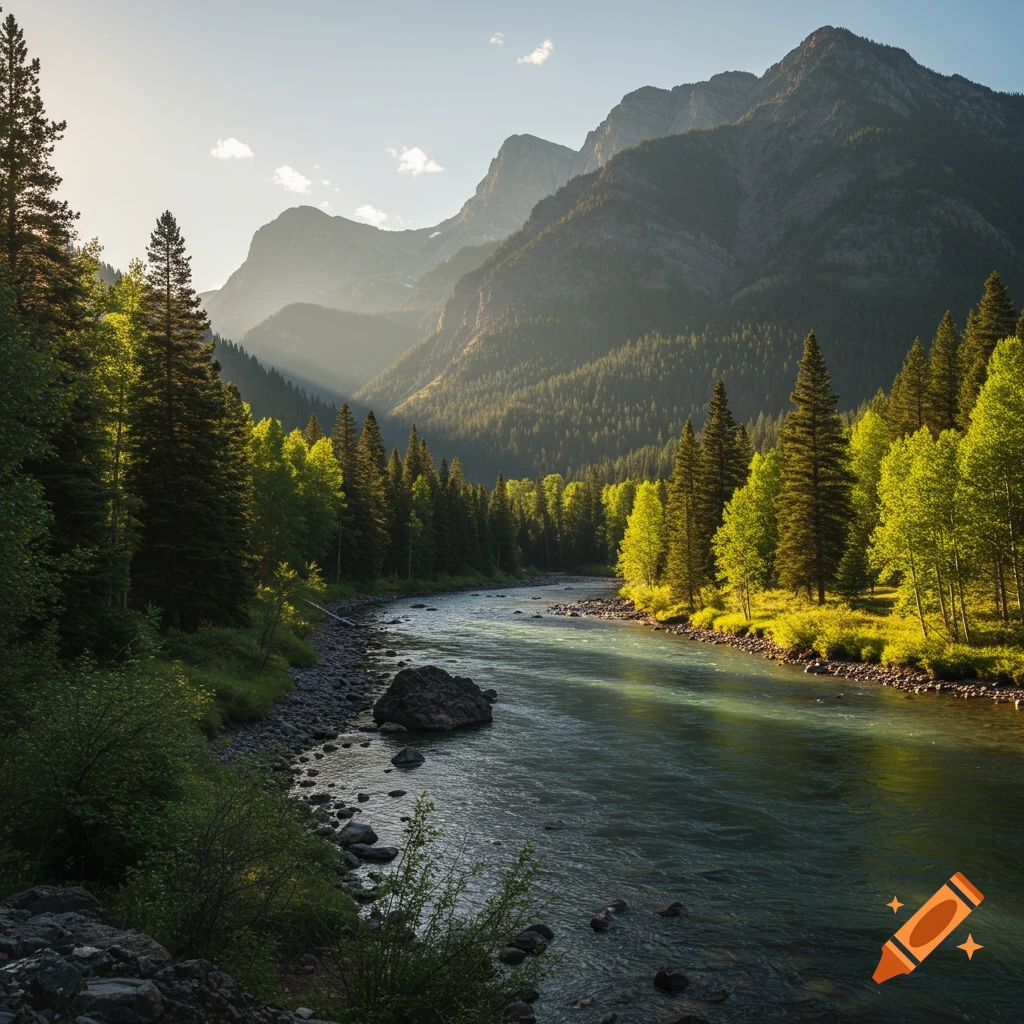 A river flows through a mountain valley lined with lush trees under a sunny sky.
