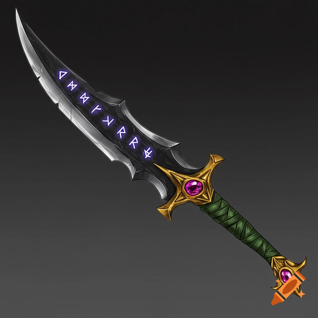 A fantasy scimitar with a matte black blade inscribed with glowing purple runes, a green wrapped handle, and a gold hilt and pommel with purple gems.