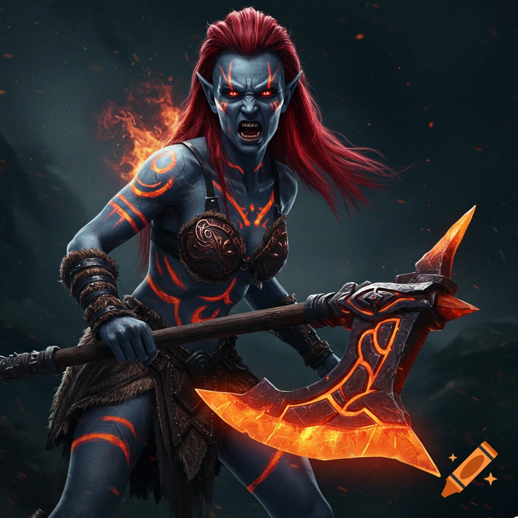 Fierce female blue-grey skinned goliath with fiery markings and red hair holding a glowing greataxe.