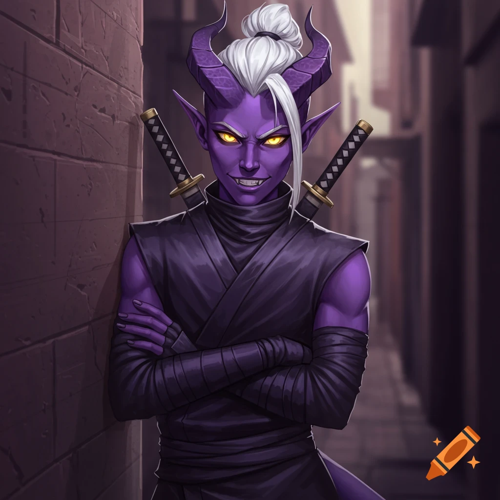 Purple tiefling ninja with yellow eyes and white hair, arms crossed, leaning against an alley wall.