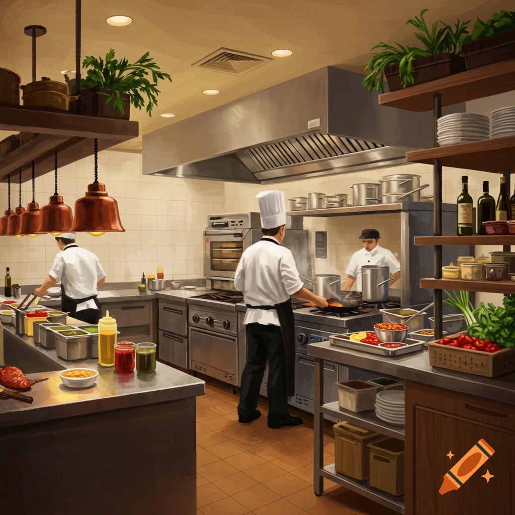 chefs working in a busy restaurant kitchen