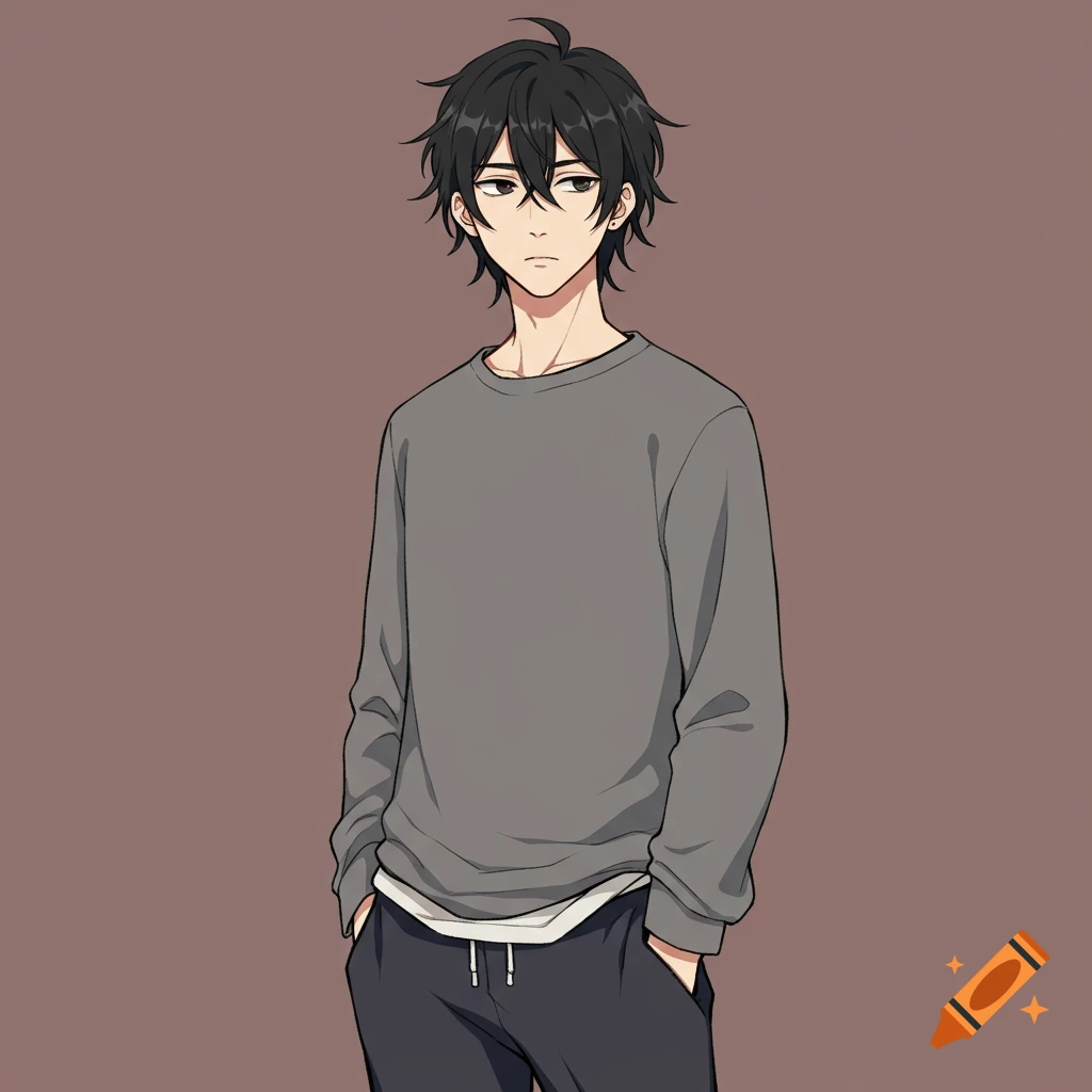 An anime-style portrait of a young man with black hair wearing a grey sweater and sweatpants, hands in pockets.