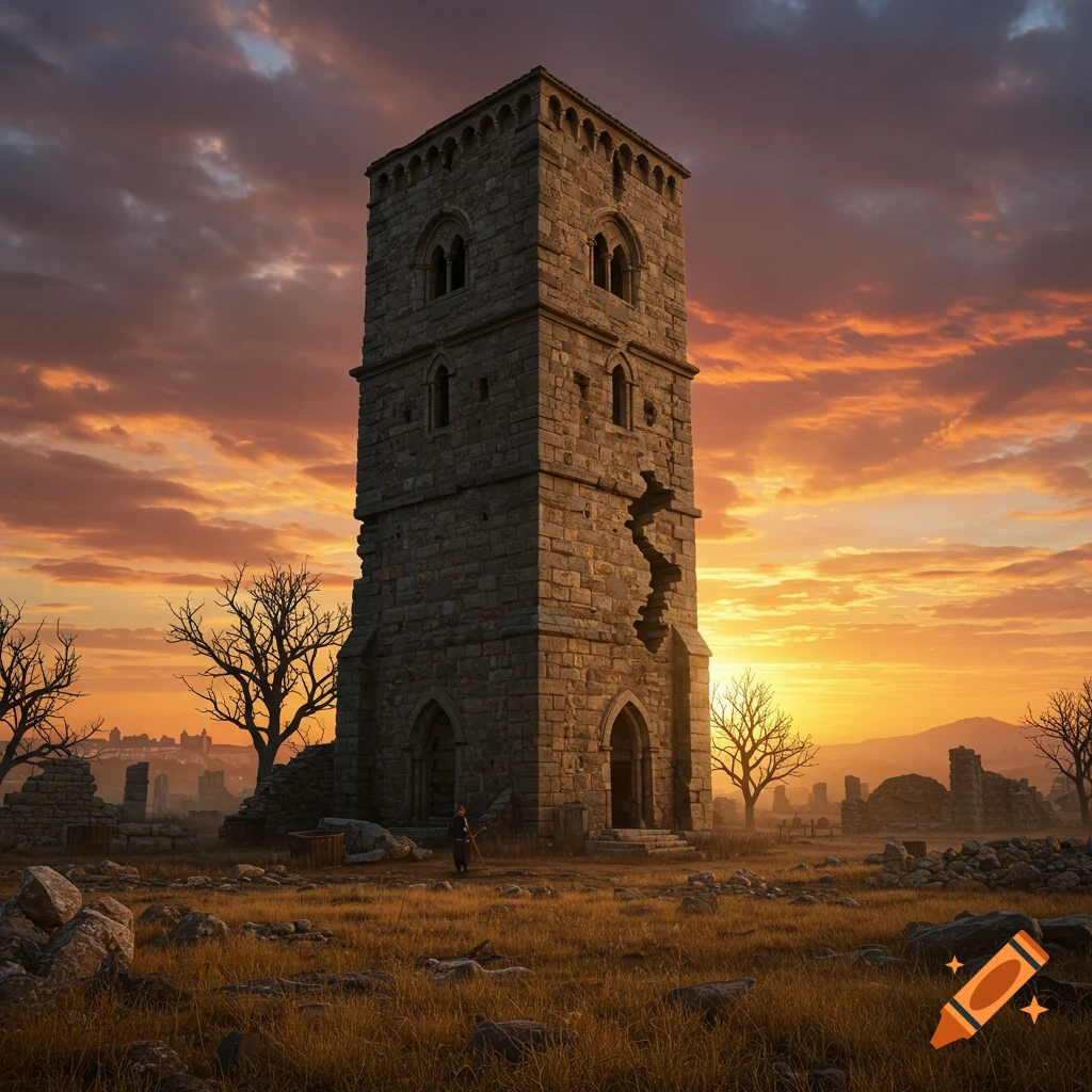 An ancient, cracking stone tower stands in a desolate, grassy landscape with ruins under a sunset sky.