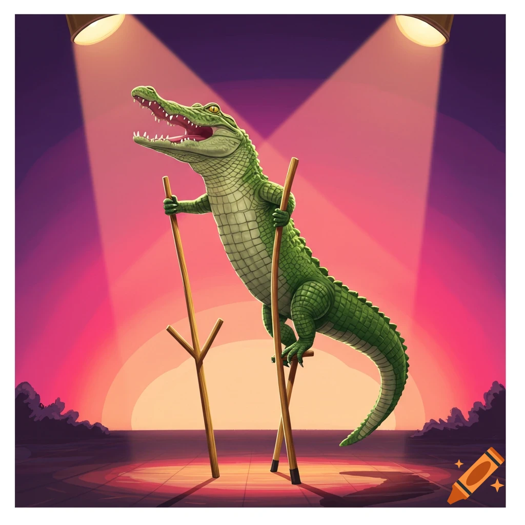 A cartoon alligator stands on stilts under spotlights on a stage.