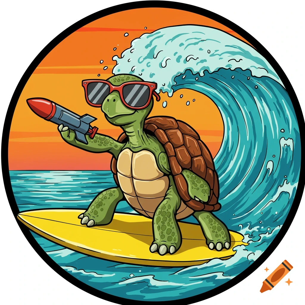 Cartoon turtle in sunglasses surfing a wave, holding a rocket.