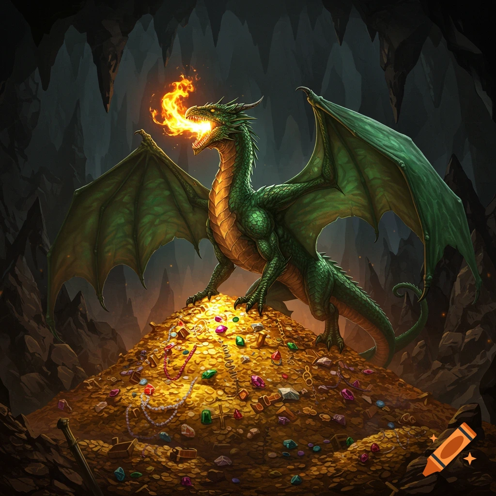A green dragon breathing fire while guarding a pile of treasure in a cave.