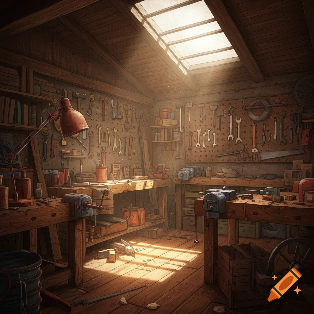 Cluttered old-fashioned workshop with tools, workbenches, and sunlight streaming from a skylight in a painterly style.