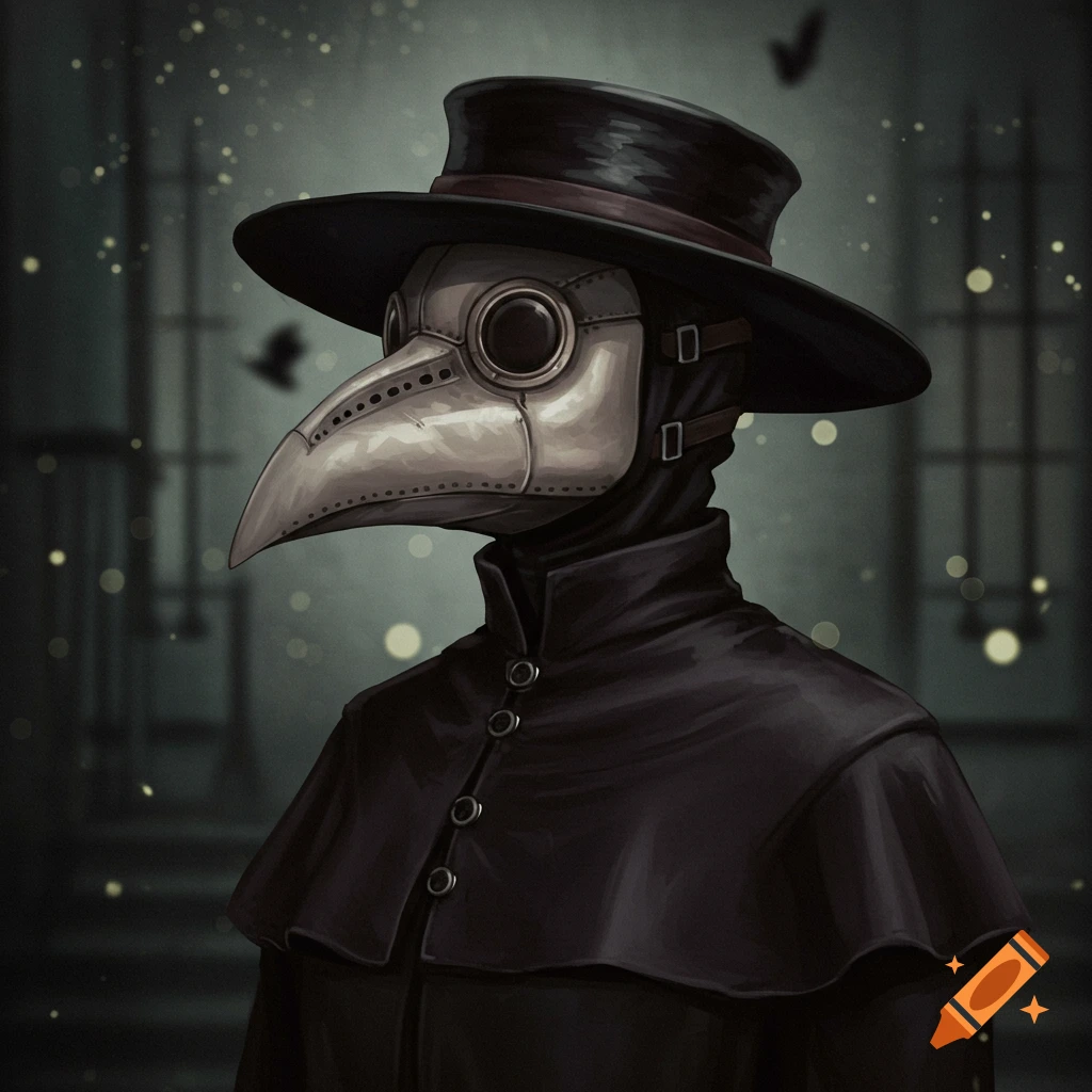 A portrait of a person wearing a plague doctor mask, hat, and cloak.