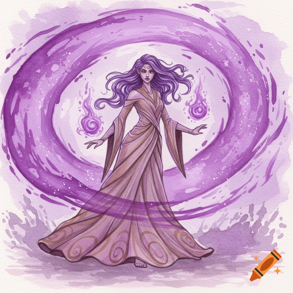 Purple-haired sorceress in flowing robe surrounded by purple magic swirl, watercolor illustration